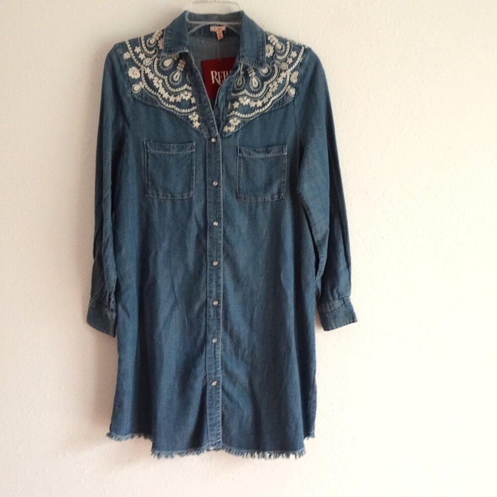 Blue Denim Dress with Embroidered Details